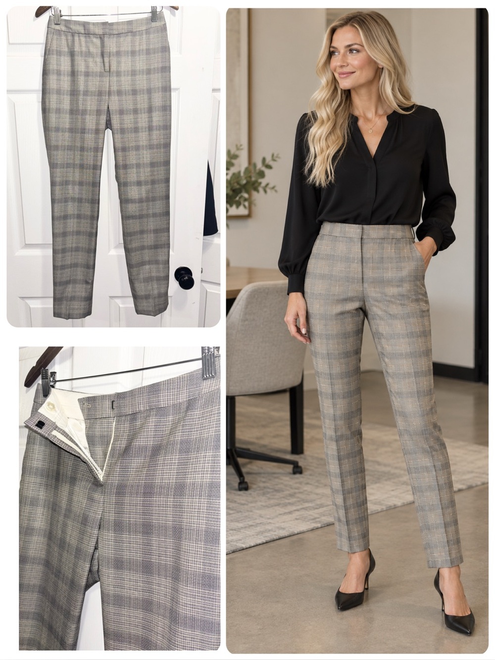 REISS Webb Trousers Slim Leg Wool Pants Grey Tan Black Heritage Check Plaid US 2
